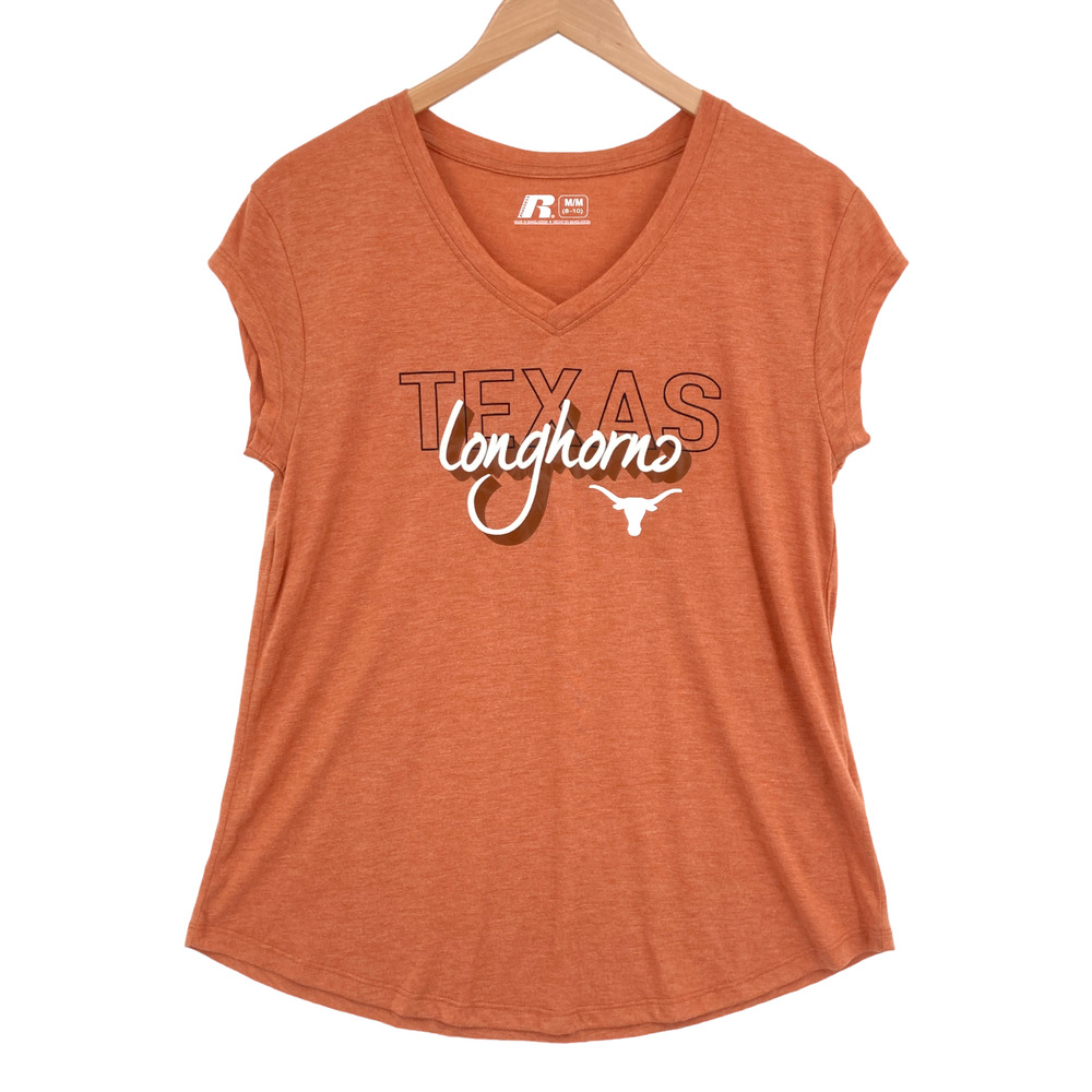 Texas Longhorns Shirt Top Women Medium Orange Knit Short Sleeve V Neck Pullover